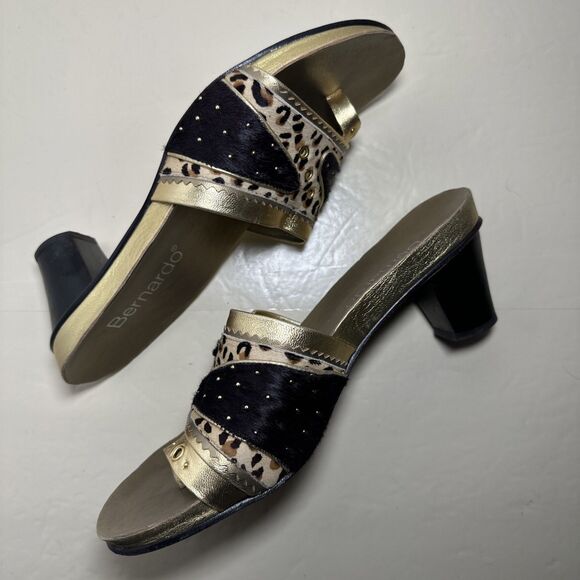 Bernardo Slip On Sandal Heels Gold Calf Hair Animal Print Size 9 Made in Brazil - Picture 6 of 12